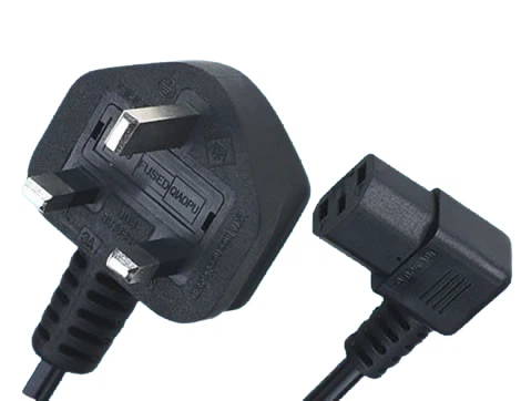 Saudi Arabia Power Cords, SASO 2203 Plug TO IEC 60320 C13 Left Angle Connector, Type G, 3 Poles Plug, SASO GCC Certified Saudi Arabia Power Cords, SASO 2203 Plug TO IEC 60320 C13 Left Angle Connector, Type G, 3 Poles Plug, SASO GCC Certified